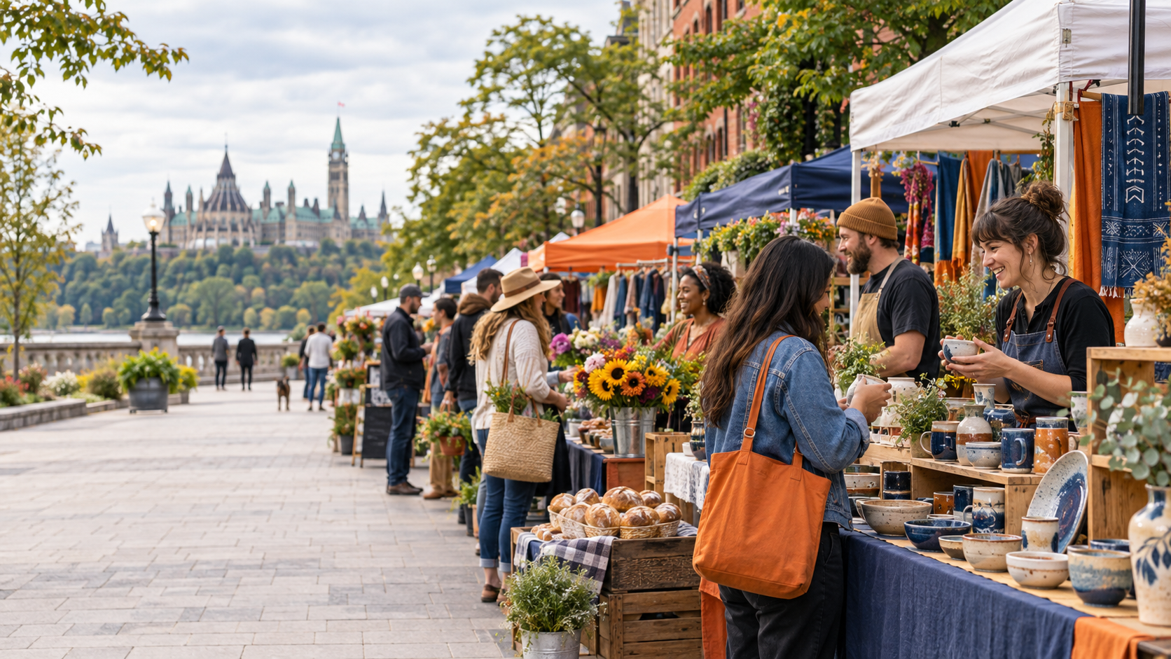 Ottawa neighbours browsing an outdoor market of local makers